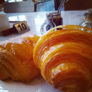 Freshly baked croissant and a pain au chocolat.